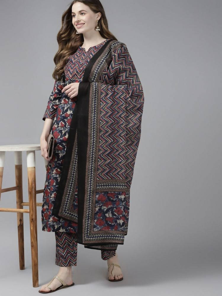 Yufta Women Navy Blue & Red Floral Printed Pure Cotton Kurta with Trouser and Dupatta | Grab2Buy