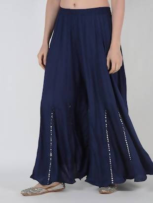 Mominos Fashion Navy Blue Viscose Rayon Flared Palazzo with Mirror Lace Work | Grab2Buy
