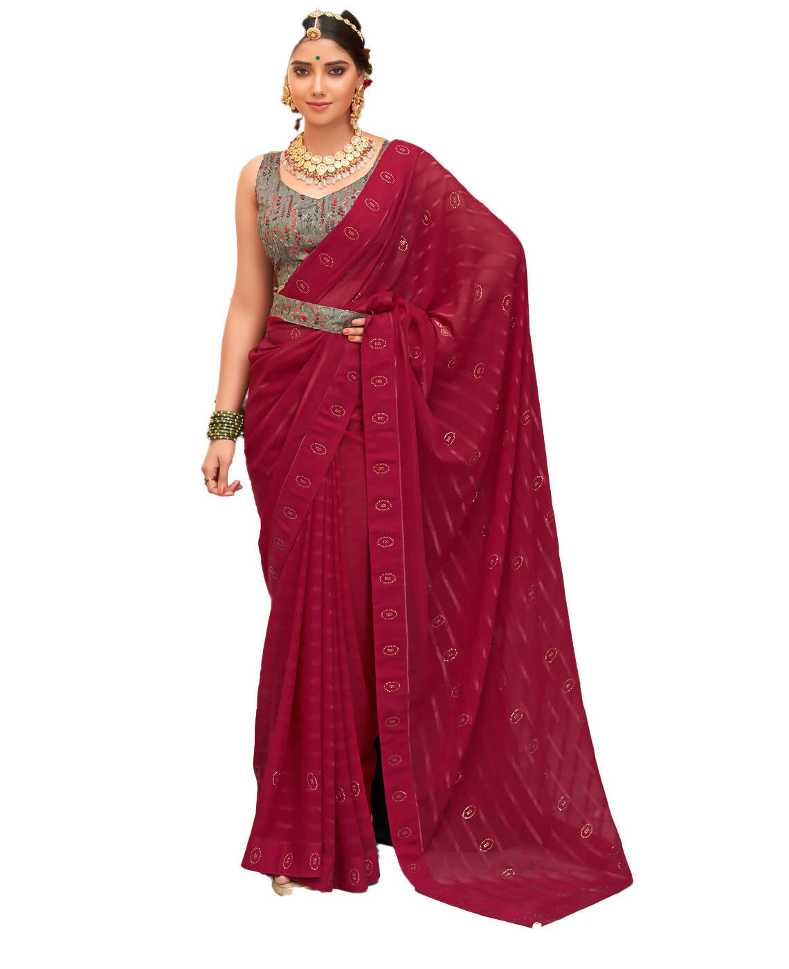 Maroon Georgette Swaroski Work Saree With Unstitched Blouse Piece - Juhi | Grab2Buy