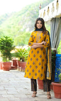 Yufta Women Mustard Yellow & Navy Blue Printed Kurta with Trouser and Dupatta | Grab2Buy