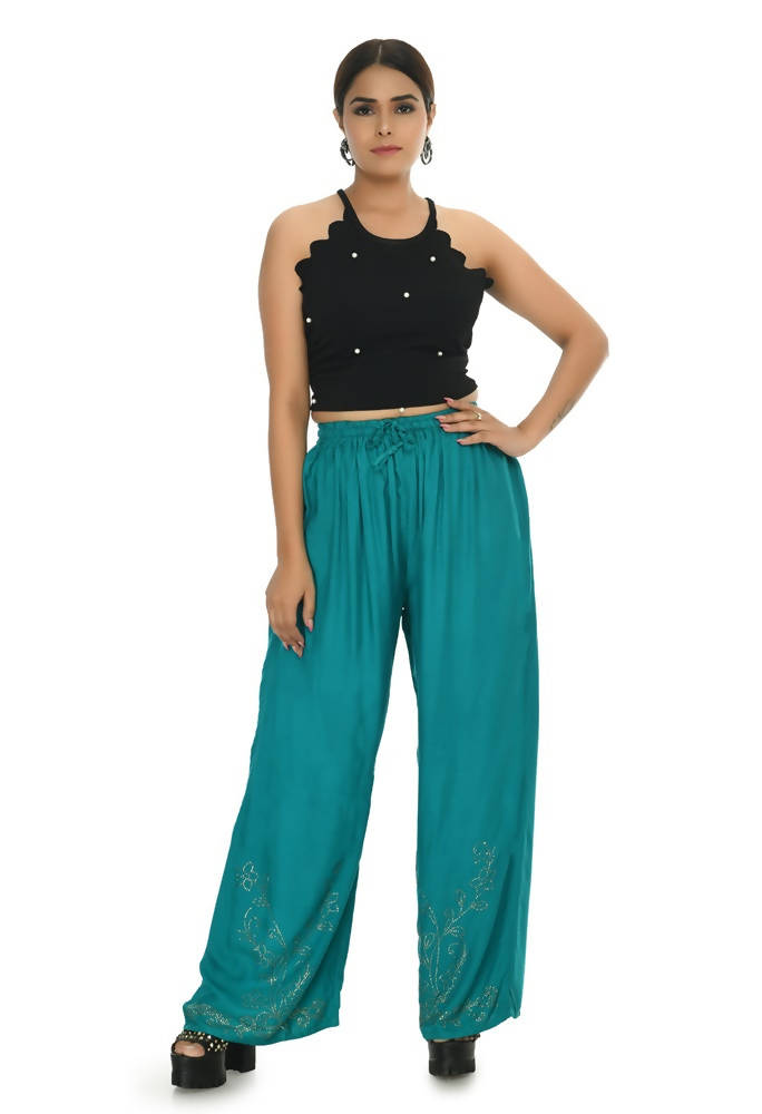 Mominos Fashion Moeza Reyon Cotton Rama Green Color Sirsoki Work Palazzo | Grab2Buy