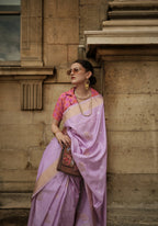 Crocus Purple & Peachsoft Handloom Sik Zari & Thread Work, Contrast Pallu Saree - Rajtex Kube Silk | Grab2Buy