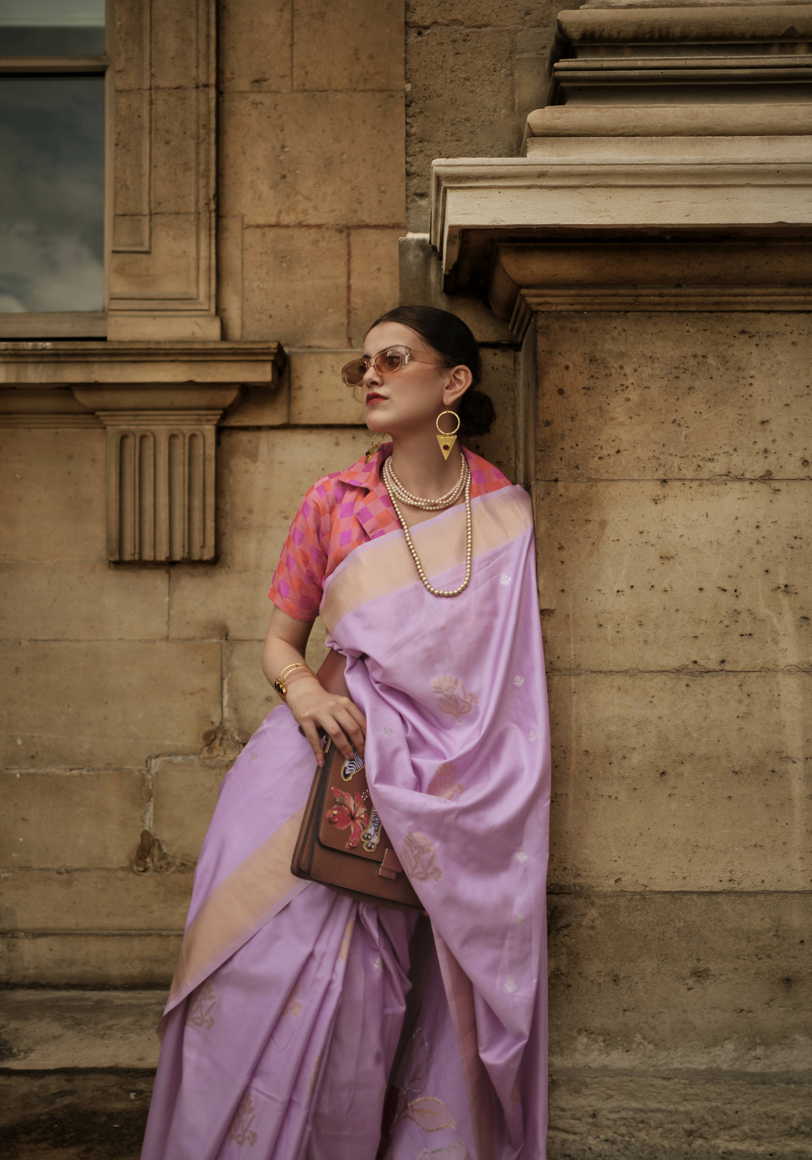 Crocus Purple & Peachsoft Handloom Sik Zari & Thread Work, Contrast Pallu Saree - Rajtex Kube Silk | Grab2Buy