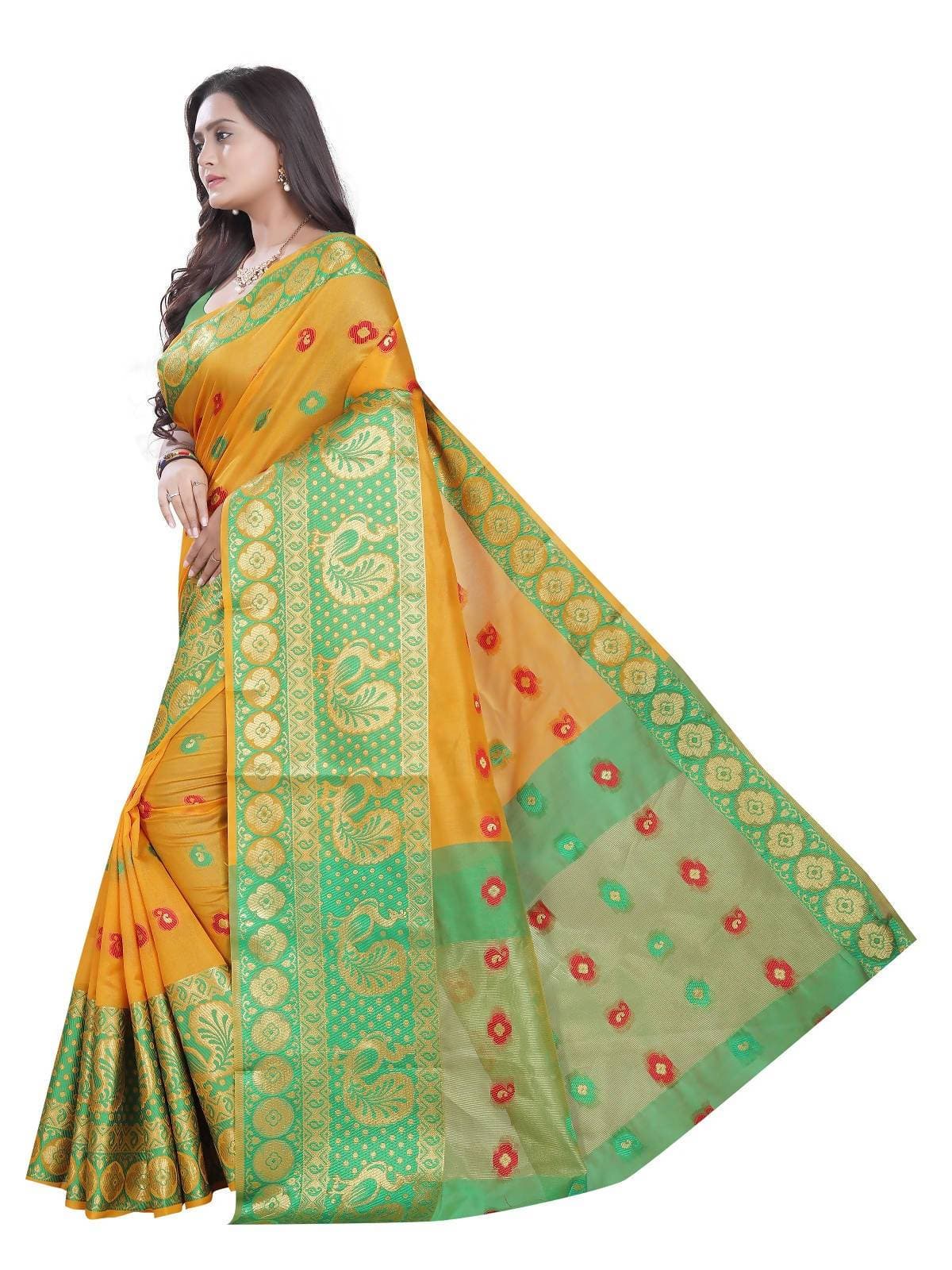Vamika Banarasi Cotton Silk Yellow Weaving Saree | Grab2Buy