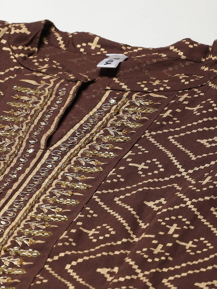 Yufta Women Brown Printed Panelled Beads and Stones Pure Cotton Kurta with Trouser & With Dupatta | Grab2Buy