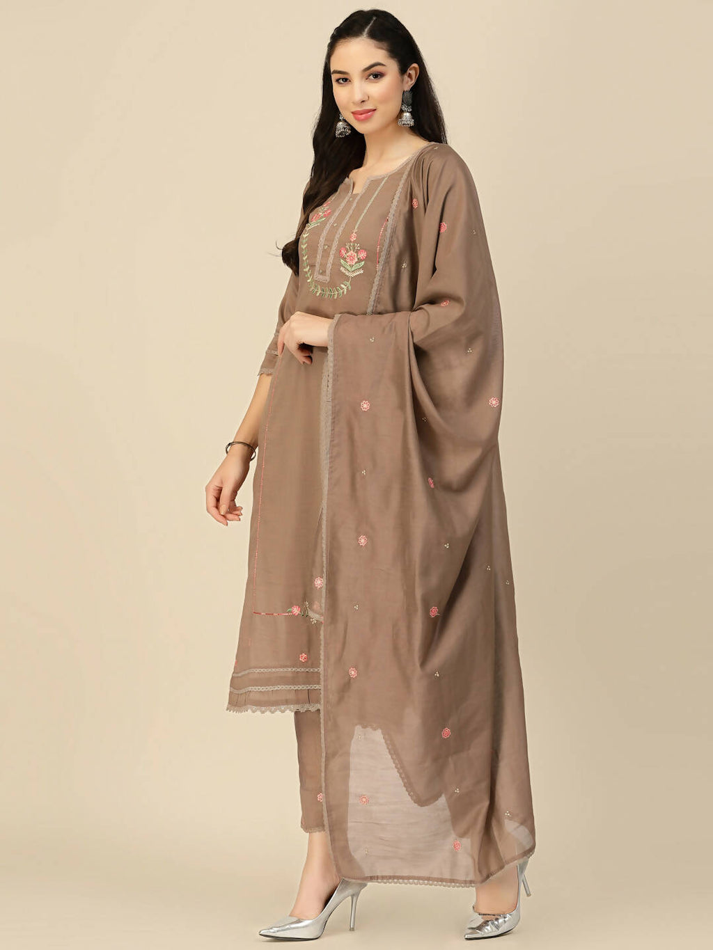 Brown Embroidered Chinon Straight Kurta With Trouser & Dupatta - Salimar | Grab2Buy