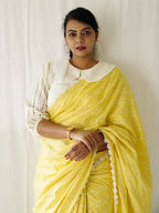 Diva Globe Customised Yellow Linen Saree With Flowers | Grab2Buy