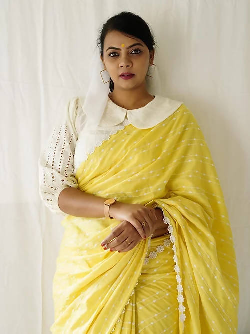 Diva Globe Customised Yellow Linen Saree With Flowers | Grab2Buy