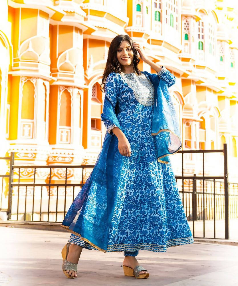 Yufta Women Blue Printed Pure Cotton Anarkali Kurta with Trouser & With Dupatta | Grab2Buy