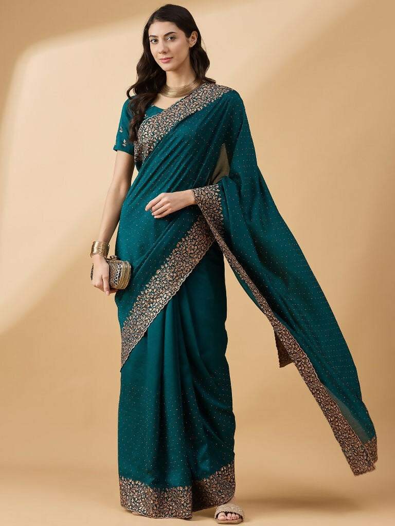 Teal Silk Blend Embroidered Saree with Unstitched Blouse - Vairagi | Grab2Buy