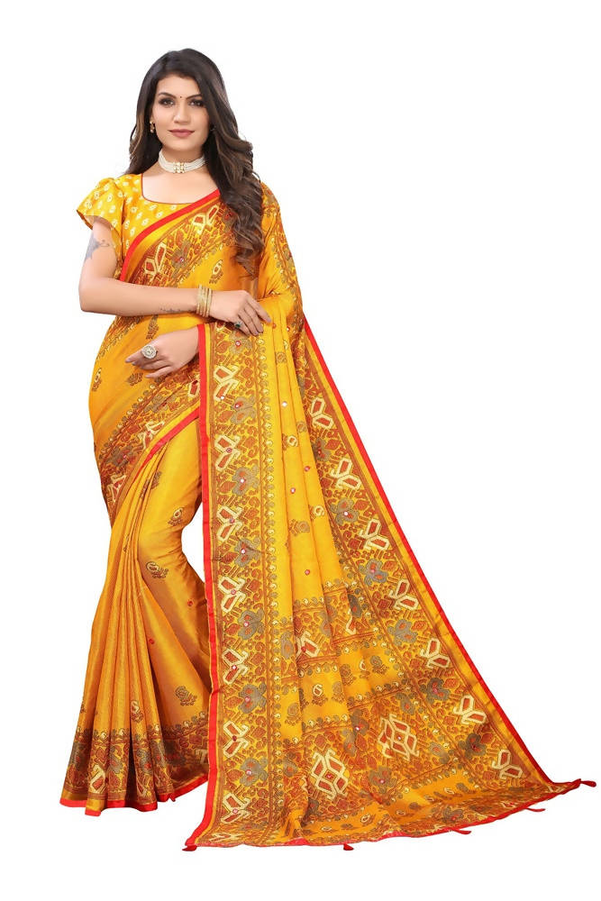 Vamika Yellow Jute Silk Mirror Work Saree | Grab2Buy