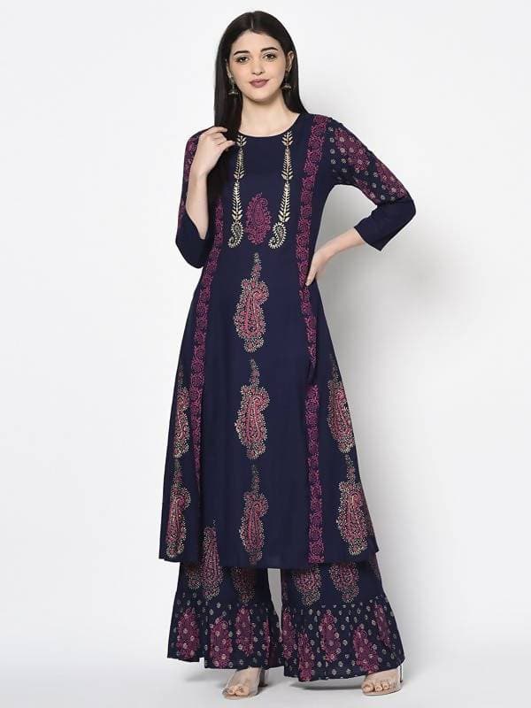 Aniyah Rayon Navy Blue Color Block Print A-line Flared Long Kurta Palazzo Set with Two Front Slits (AN-214K) | Grab2Buy