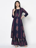 Aniyah Rayon Navy Blue Color Block Print A-line Flared Long Kurta Palazzo Set with Two Front Slits (AN-214K) | Grab2Buy