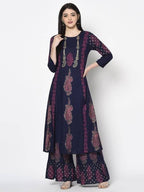 Aniyah Rayon Navy Blue Color Block Print A-line Flared Long Kurta Palazzo Set with Two Front Slits (AN-214K) | Grab2Buy