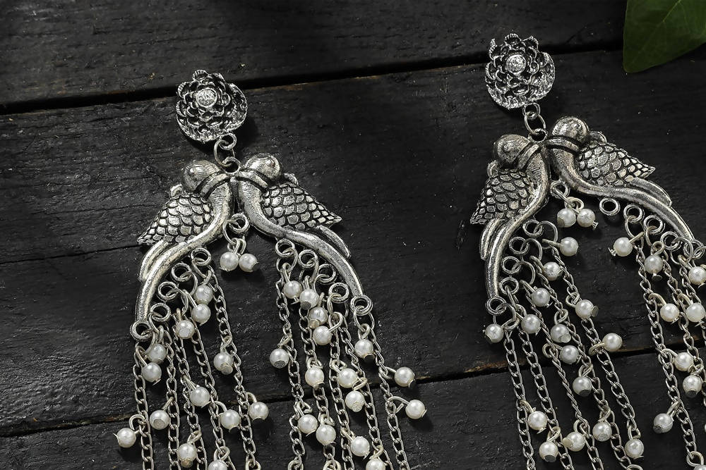 Mominos Fashion Johar Kamal Silver-Plated Oxidised Parrot Design Earrings | Grab2Buy