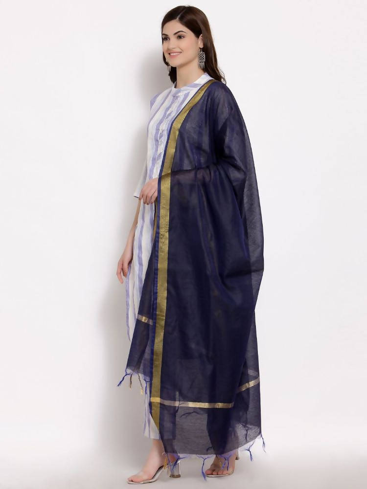 Myshka Women's Blue Cotton 3/4 Sleeve Mandarin Collar Printed Casual Kurta Pant Dupatta Set | Grab2Buy
