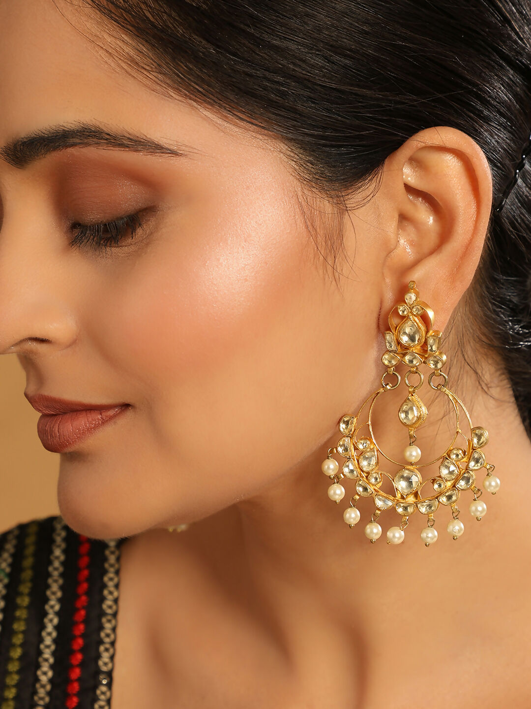 Nuyug 22K Gold Plated Kundan Studded Contemporary Shaped Pearl Drop Chandbalis | Grab2Buy