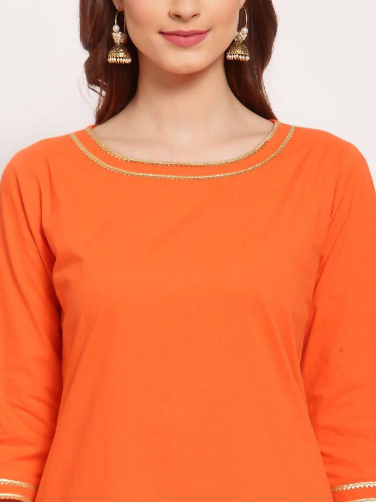 Myshka Women's Orange Solid Cotton 3/4 Sleeve Round Neck Casual Kurta Pant Dupatta Set | Grab2Buy
