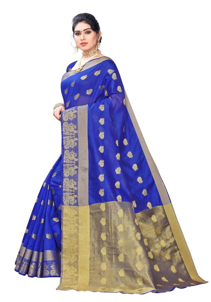 Vamika Banarasi Jacquard Weaving Blue With Gold Print Saree | Grab2Buy