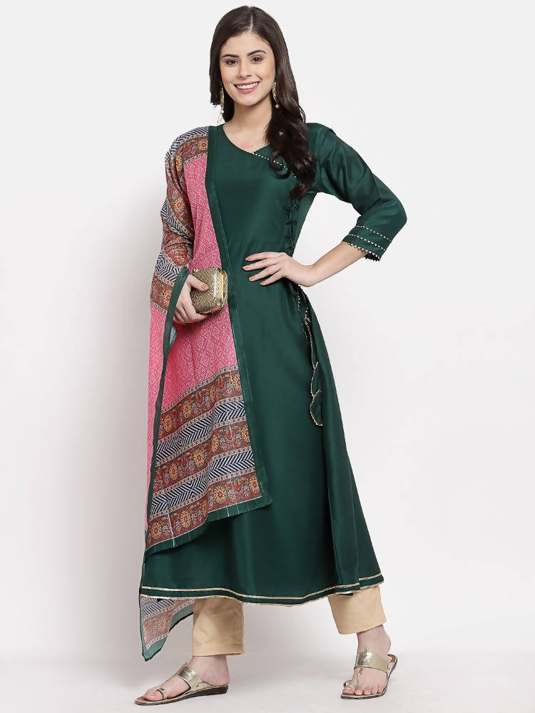 Myshka Women's Green Cotton Solid 3/4 Sleeve V Neck Casual Kurta Dupatta Set | Grab2Buy