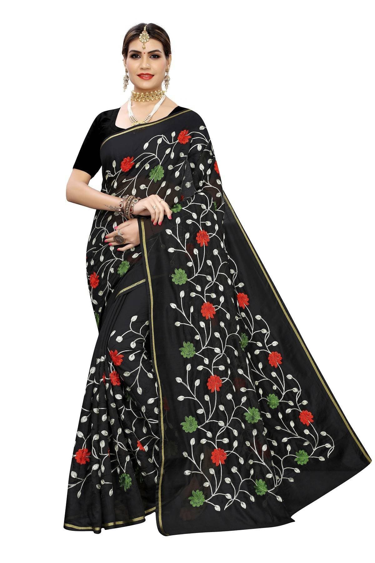 Vamika Black Chanderi Cotton Red Flowers Embroidery Saree | Grab2Buy