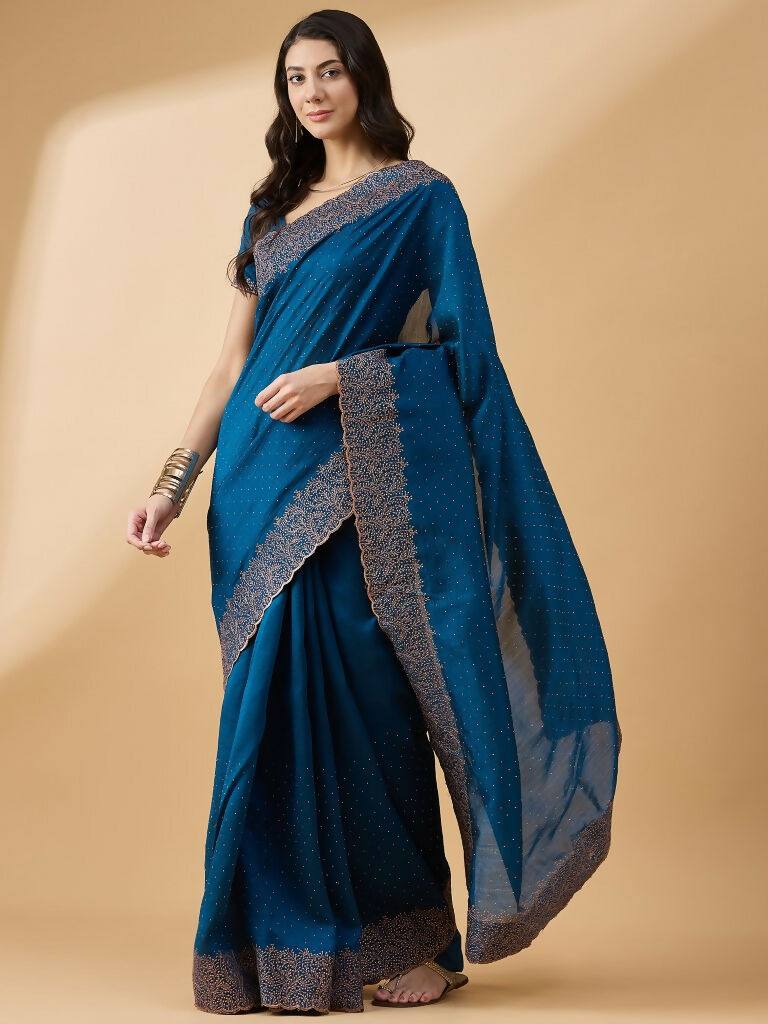 Blue Silk Blend Embroidered Saree with Unstitched Blouse - Vairagi | Grab2Buy