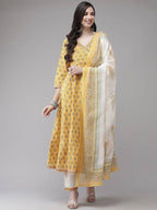 Yufta Women Yellow Floral Print Angrakha Pure Cotton Kurta and Trouser With Dupatta | Grab2Buy