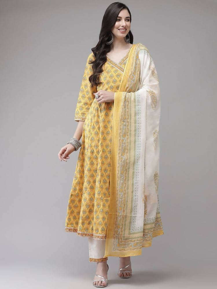 Yufta Women Yellow Floral Print Angrakha Pure Cotton Kurta and Trouser With Dupatta | Grab2Buy