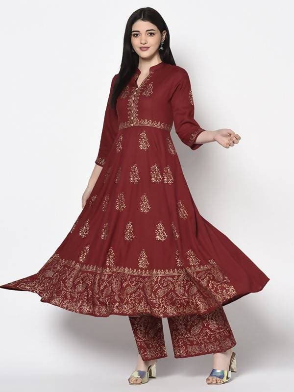 Aniyah Rayon Maroon Block Print Anarkali Palazzo Set (AN-212K) | Grab2Buy