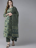 Yufta Women Teal and Beige Floral Dyed Pure Cotton Kurta with Palazzo and Dupatta | Grab2Buy