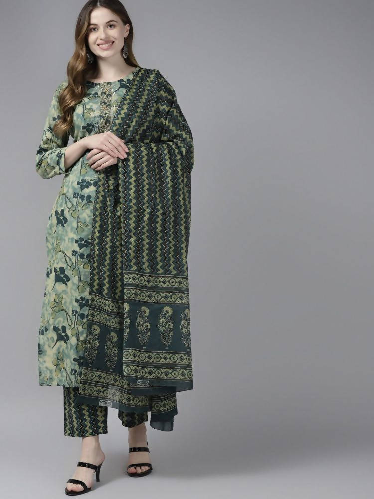 Yufta Women Teal and Beige Floral Dyed Pure Cotton Kurta with Palazzo and Dupatta | Grab2Buy
