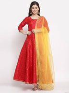 Myshka Women's Red Silk Solid 3/4 Sleeve Round Neck Casual Anarkali Kurta Dupatta Set | Grab2Buy