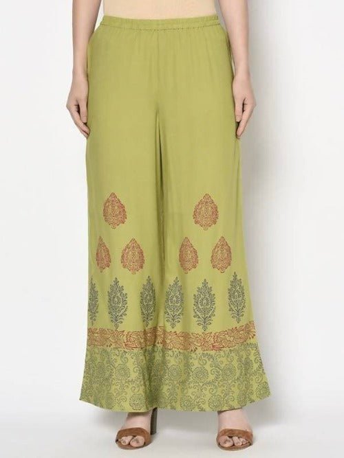 Aniyah Rayon Parrot Green Color Block Print Flared Slip-On Palazzo (AN-196K) | Grab2Buy