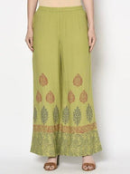 Aniyah Rayon Parrot Green Color Block Print Flared Slip-On Palazzo (AN-196K) | Grab2Buy