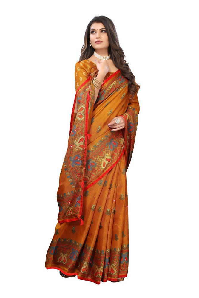 Vamika Mustard Jute Silk Mirror Work Saree | Grab2Buy