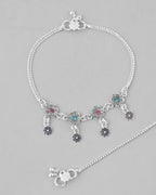 VOJ Set of 2 Silver Plated Flower Shaped Meenakari Anklet
