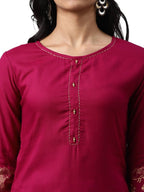 Yufta Women Pink And Golden Pure Cotton Solid Kurta with Palazzo and Dupatta | Grab2Buy
