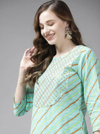 Yufta Women Sea Green Bandhani Striped Regular Sequined Pure Cotton Kurta with Palazzo | Grab2Buy