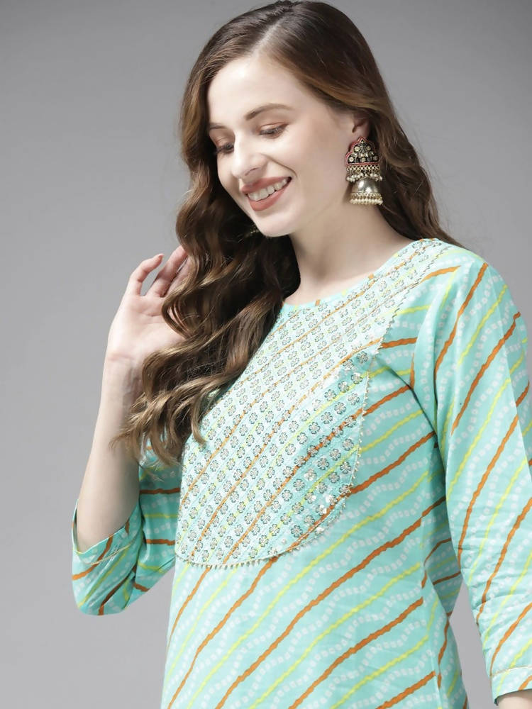 Yufta Women Sea Green Bandhani Striped Regular Sequined Pure Cotton Kurta with Palazzo | Grab2Buy