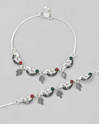 VOJ Set of 2 Silver Plated Meenakari Multi Color Anklet