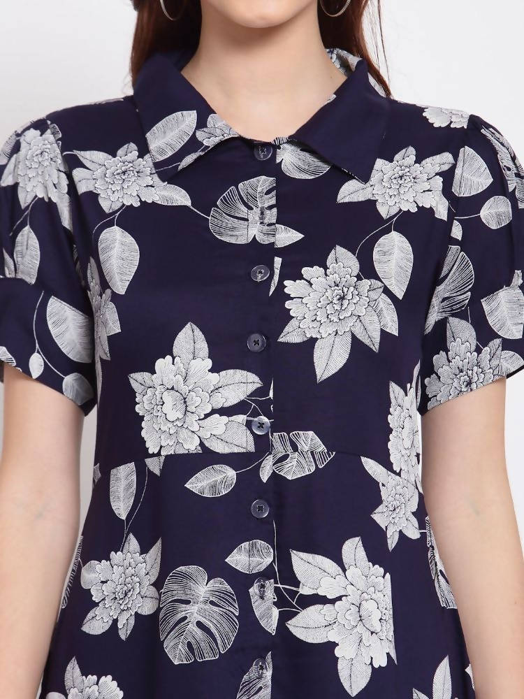 Myshka Women's Navy Blue Printed Cotton Short Sleeve Collar Neck Casual Dress | Grab2Buy