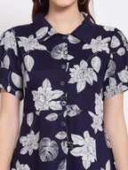 Myshka Women's Navy Blue Printed Cotton Short Sleeve Collar Neck Casual Dress | Grab2Buy