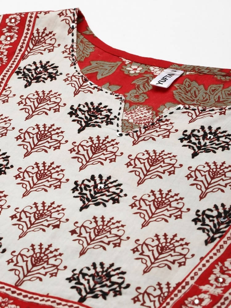 Yufta Women Maroon Floral Printed Regular Thread Work Pure Cotton Kurta with Palazzo & With Dupatta | Grab2Buy