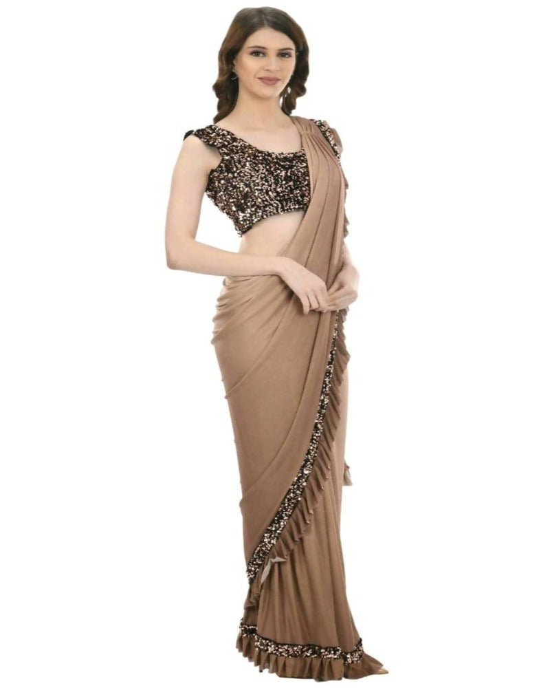 Mominos Fashion All Season Wear Camel Colour Shaded Ruffled Ready To Wear Saree | Grab2Buy