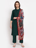 Myshka Women's Green Solid Cotton 3/4 Sleeve Mandarin Neck Casual Kurta Pant Dupatta Set | Grab2Buy