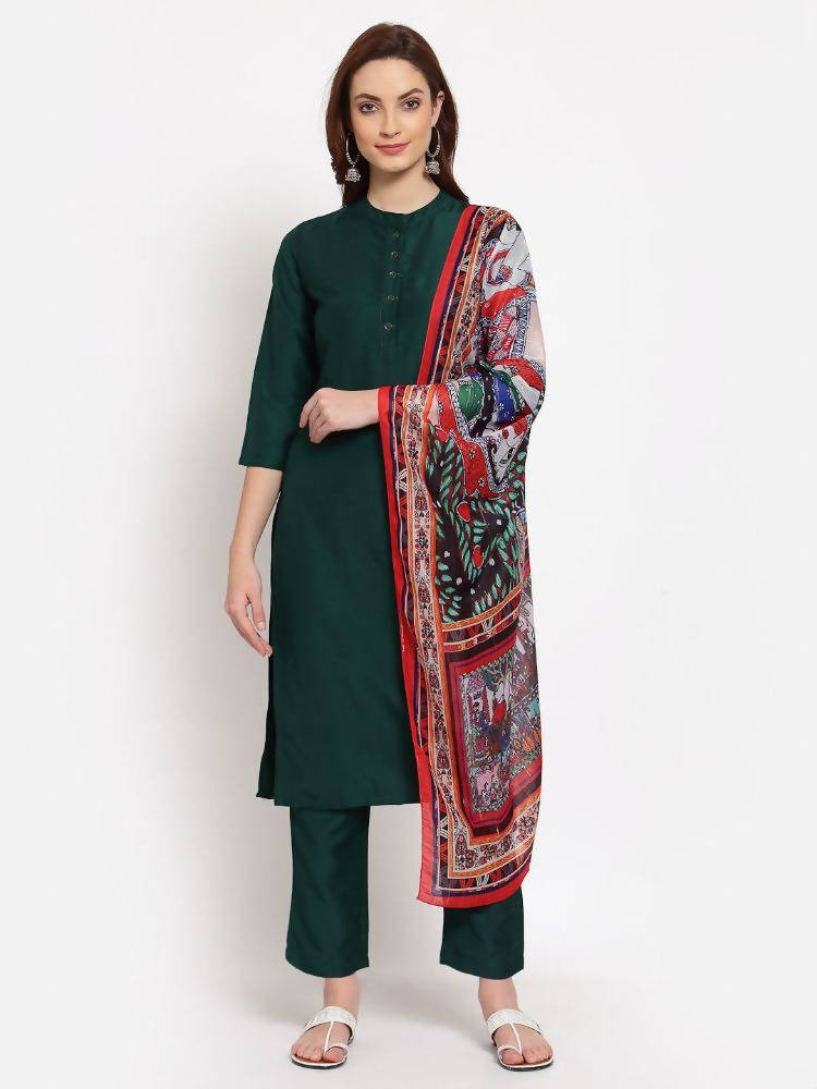 Myshka Women's Green Solid Cotton 3/4 Sleeve Mandarin Neck Casual Kurta Pant Dupatta Set | Grab2Buy