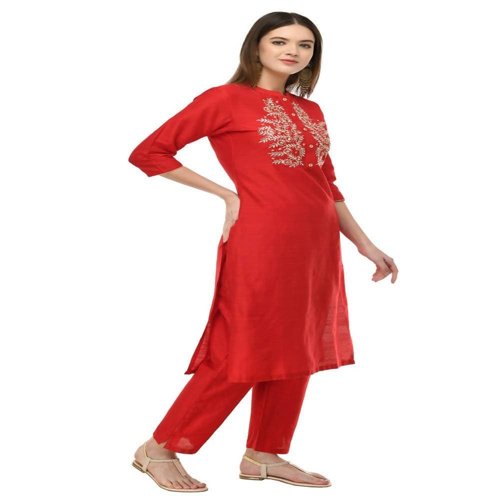 Lagi Women's Red Poly silk Straight Embroidred Kurta & Pant (RO116B) | Grab2Buy