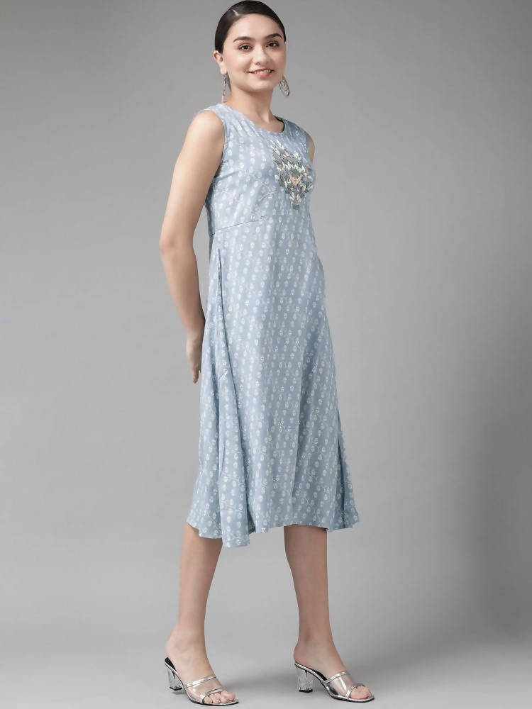 Yufta Women Blue & White Floral Printed Ethnic A-Line Midi Dress with Jacket | Grab2Buy