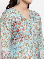 Myshka Women's Multi Cotton Printed Full Sleeve V Neck Casual Kurta | Grab2Buy