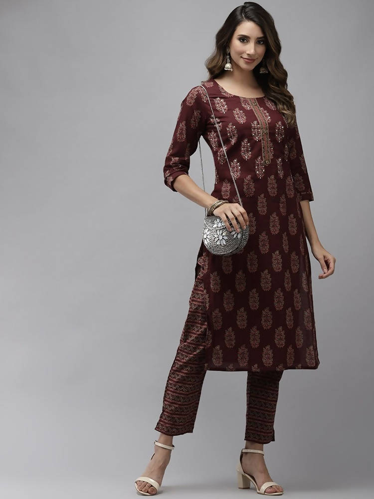 Yufta Women Maroon Ethnic Motifs Regular Sequinned Pure Cotton Kurta with Trouser | Grab2Buy